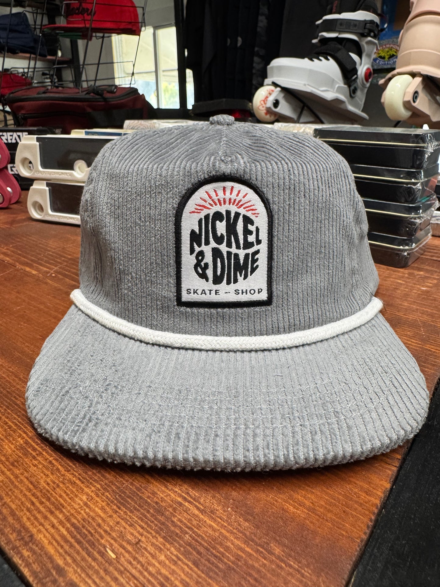 Nickel and Dime Skate Shop Tablet logo (Grey corduroy snap back)
