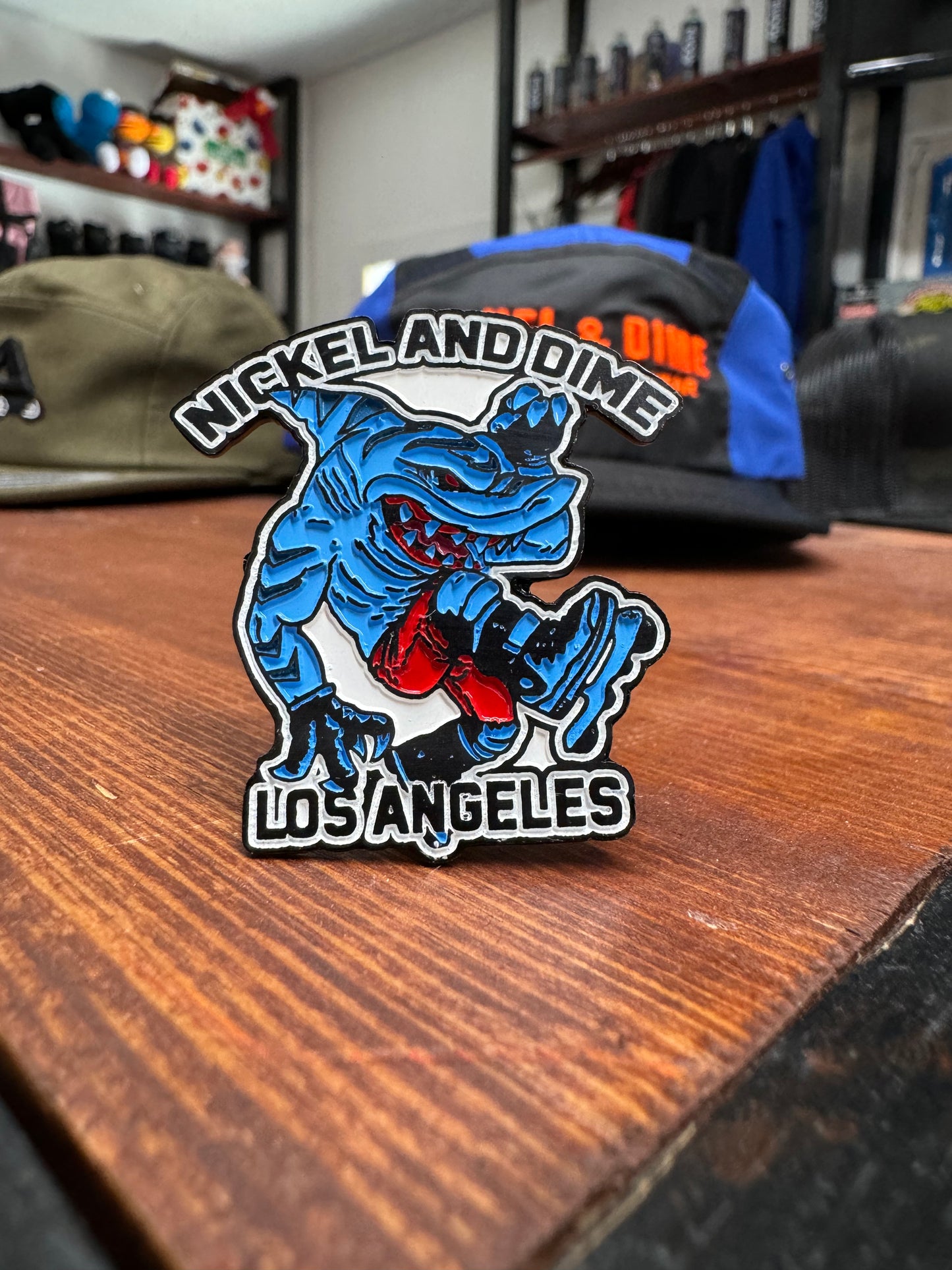 Nickel and Dime Skate Shop Shark Shredder Enamel Pin