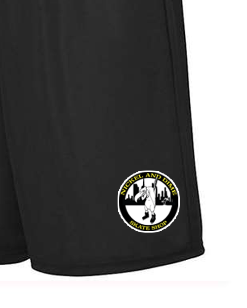 Nickel and Dime skate shop reversible wicking shorts vinyl pressed logo